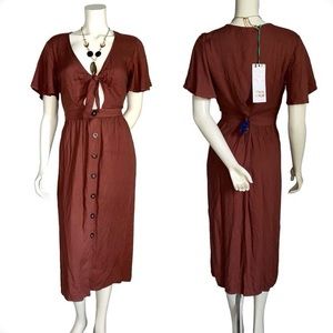 Mimi Chica | Rust Midi Dress | Bohemian Flared Sleeves Tie-Front Button Dress
